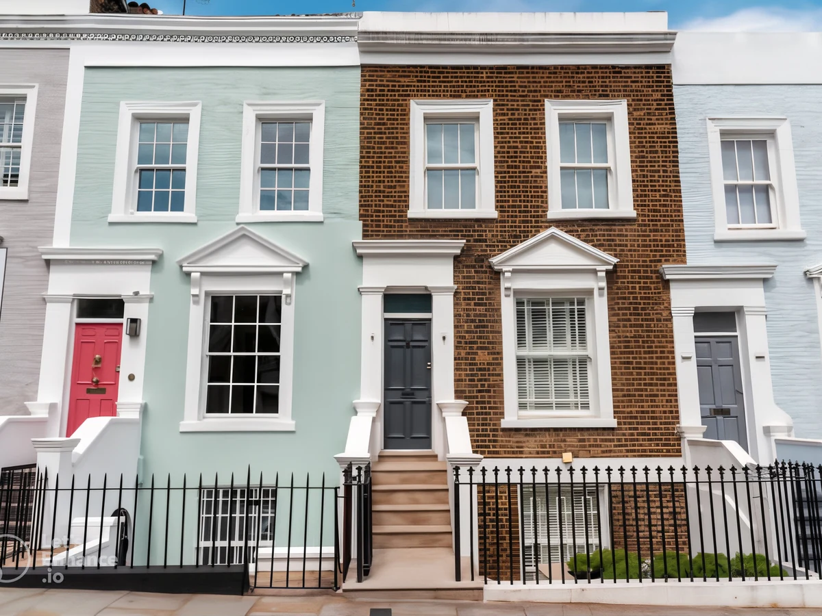 Colourful terraced houses with painted masonry exteriors in Barnstaple